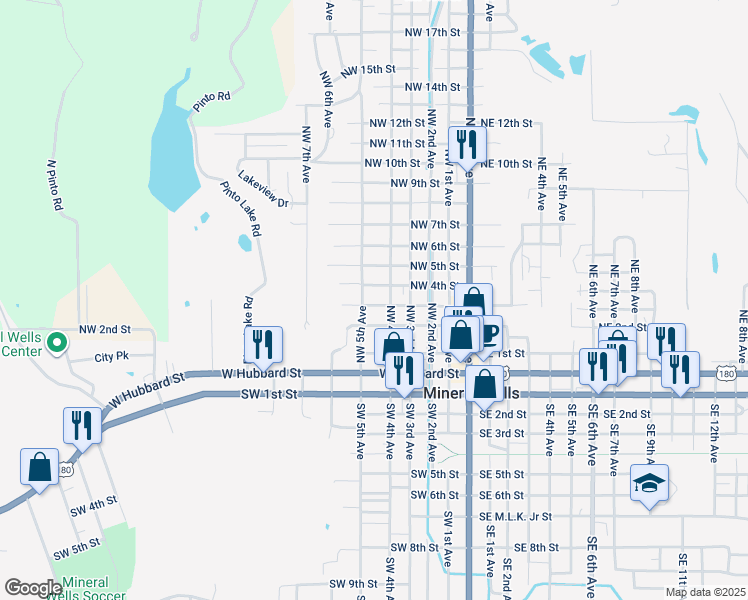 map of restaurants, bars, coffee shops, grocery stores, and more near 503 Northwest 4th Avenue in Mineral Wells