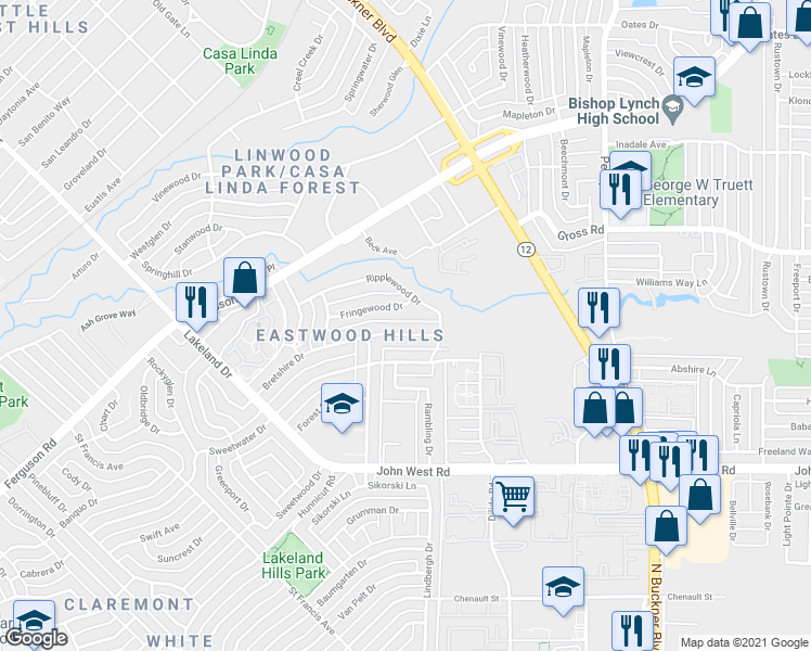 map of restaurants, bars, coffee shops, grocery stores, and more near 9051 Fringewood Drive in Dallas