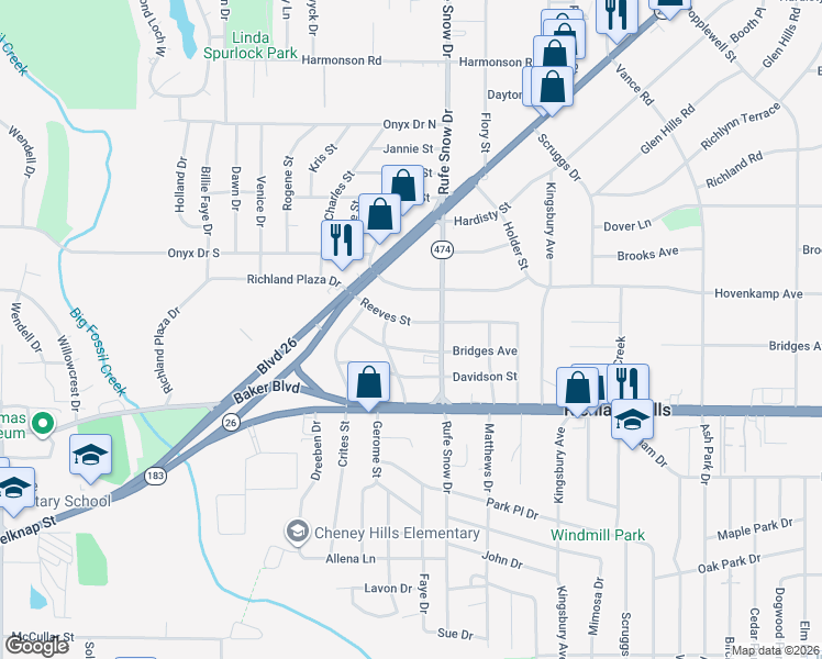 map of restaurants, bars, coffee shops, grocery stores, and more near 6637 Reeves Street in Richland Hills
