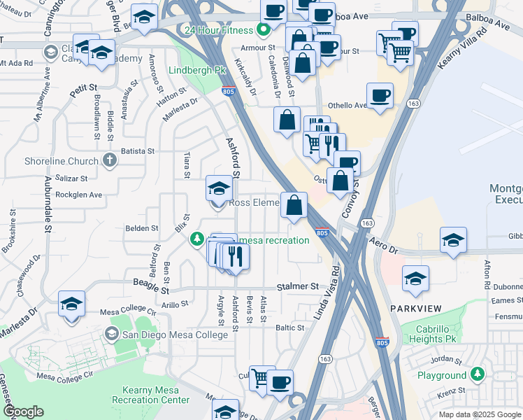 map of restaurants, bars, coffee shops, grocery stores, and more near 3752 Atlas Street in San Diego