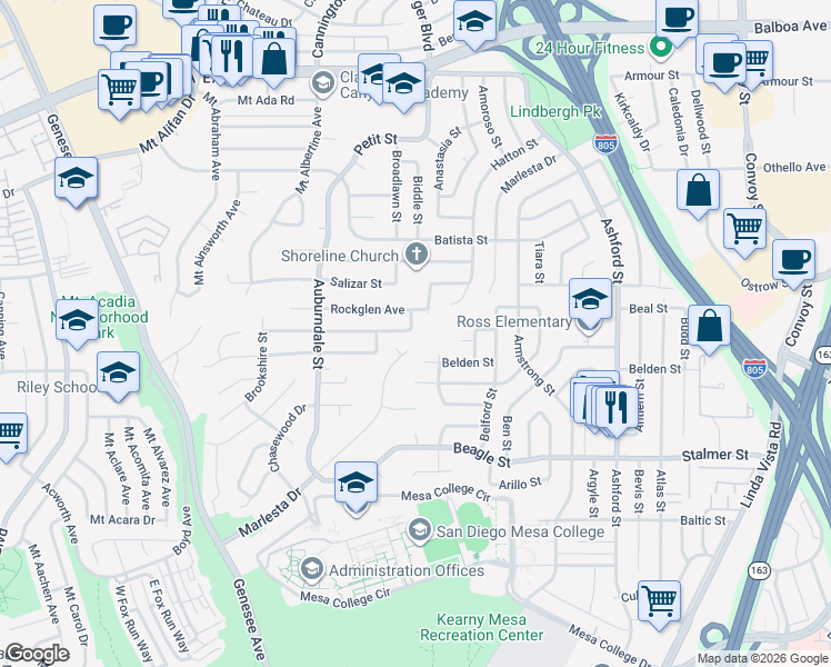 map of restaurants, bars, coffee shops, grocery stores, and more near 6987 Tanglewood Road in San Diego