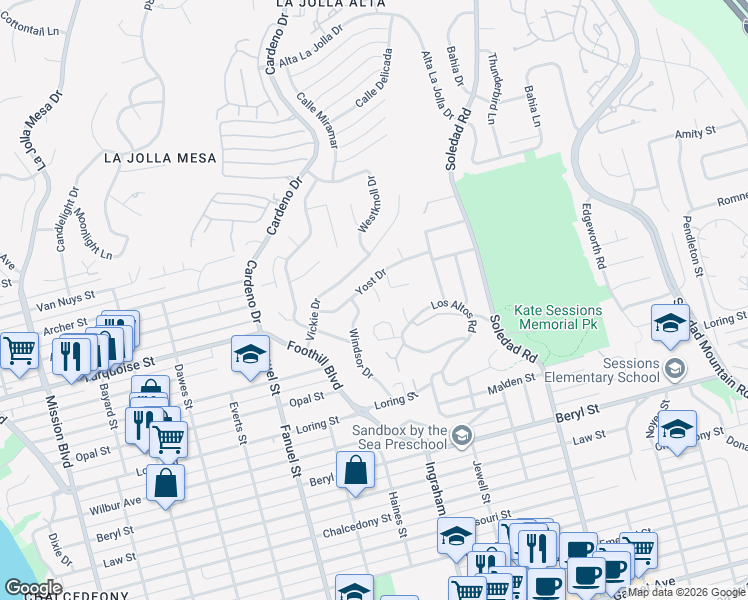 map of restaurants, bars, coffee shops, grocery stores, and more near 5247 Ocean Breeze Court in San Diego