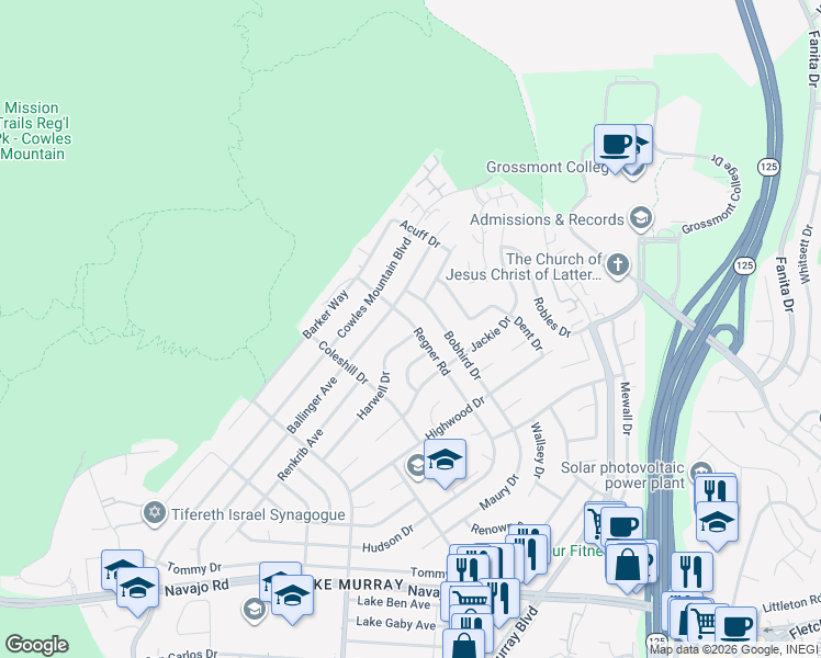 map of restaurants, bars, coffee shops, grocery stores, and more near 7156 Regner Road in San Diego