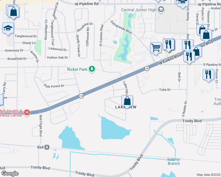 map of restaurants, bars, coffee shops, grocery stores, and more near 2108 Rickel Park Drive in Hurst