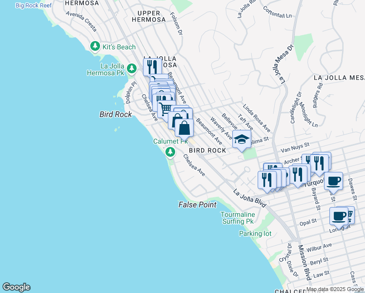 map of restaurants, bars, coffee shops, grocery stores, and more near 5490 La Jolla Boulevard in San Diego