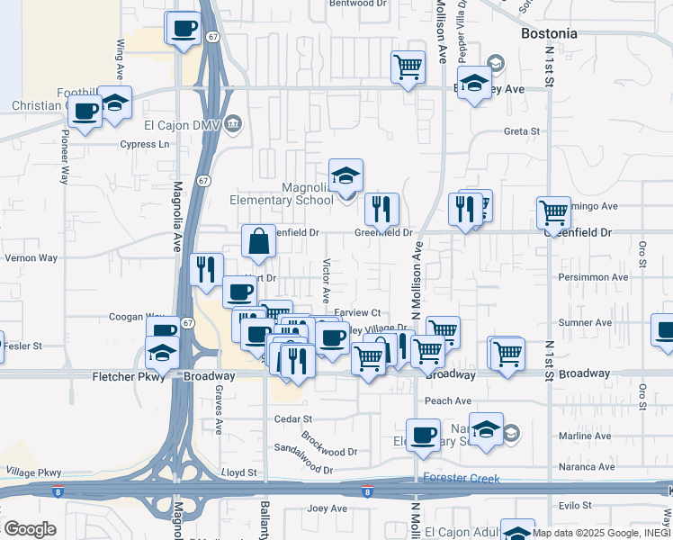map of restaurants, bars, coffee shops, grocery stores, and more near 1209 Victor Avenue in El Cajon