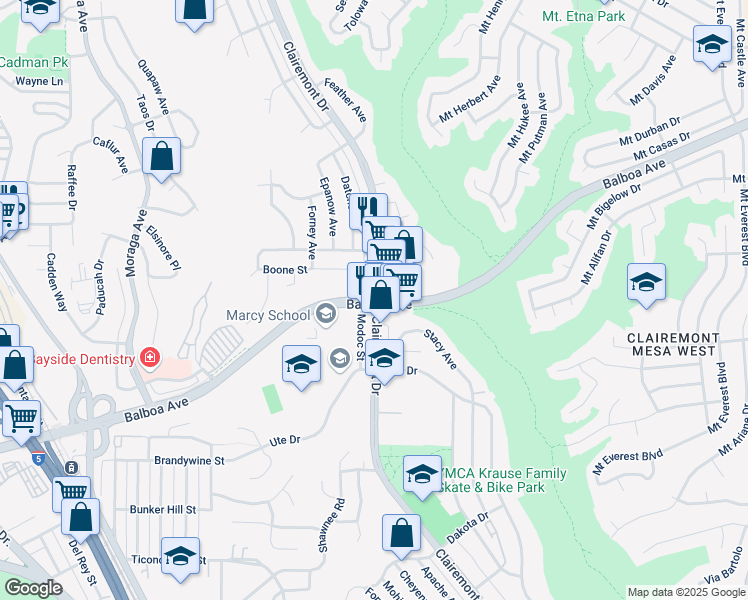 map of restaurants, bars, coffee shops, grocery stores, and more near Clairemont Drive in San Diego