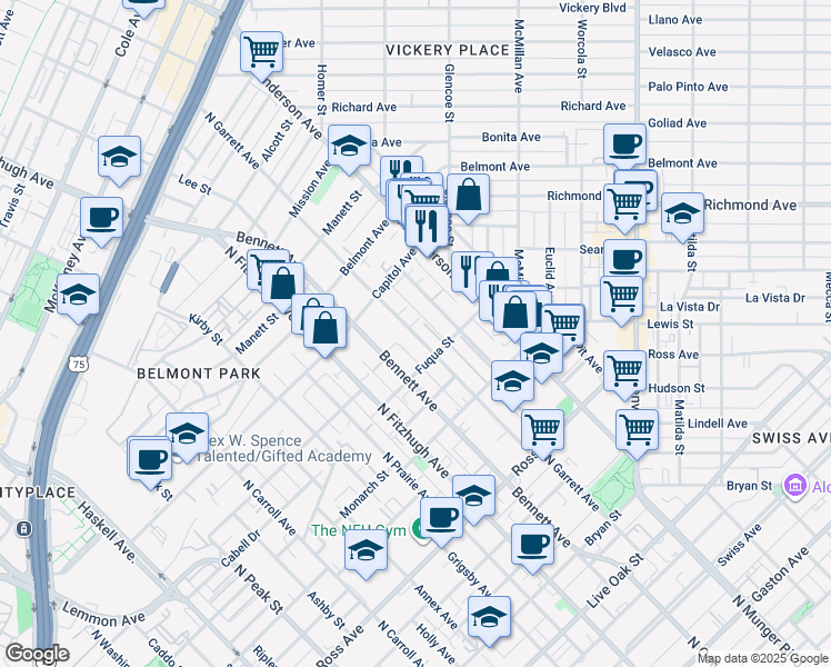 map of restaurants, bars, coffee shops, grocery stores, and more near 2126 North Garrett Avenue in Dallas