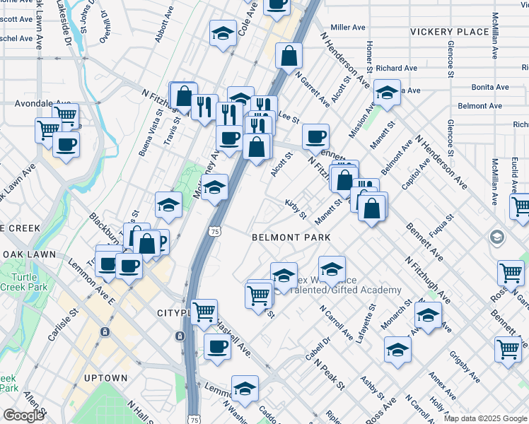 map of restaurants, bars, coffee shops, grocery stores, and more near 2802 North Carroll Avenue in Dallas