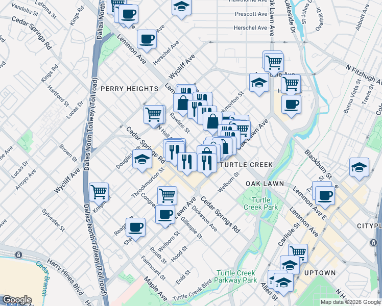 map of restaurants, bars, coffee shops, grocery stores, and more near 3917 Rawlins Street in Dallas