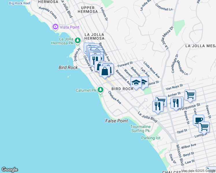 map of restaurants, bars, coffee shops, grocery stores, and more near 5490 La Jolla Boulevard in San Diego