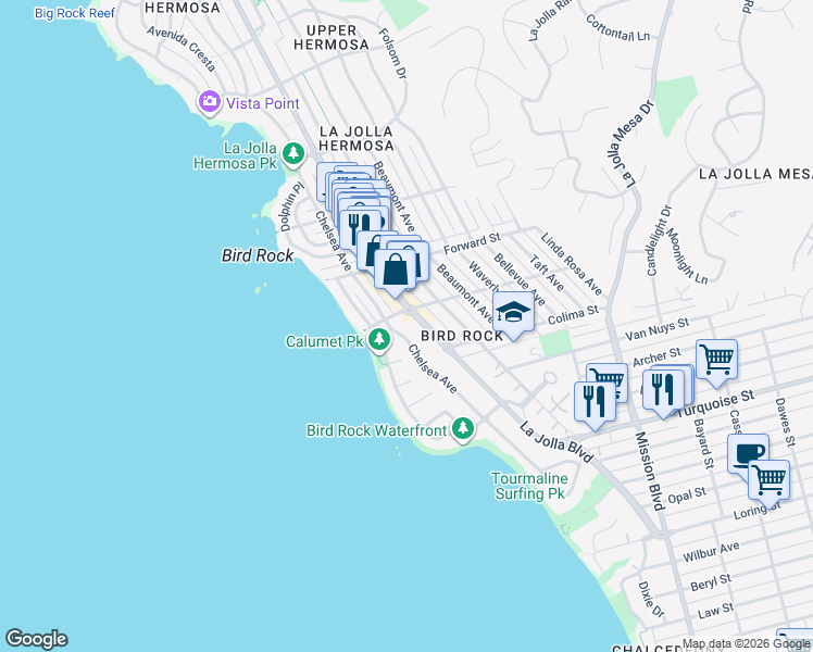 map of restaurants, bars, coffee shops, grocery stores, and more near 5470 La Jolla Boulevard in San Diego