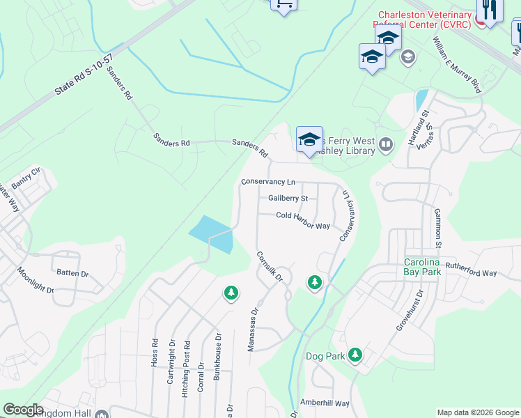 map of restaurants, bars, coffee shops, grocery stores, and more near 3055 Conservancy Lane in Charleston