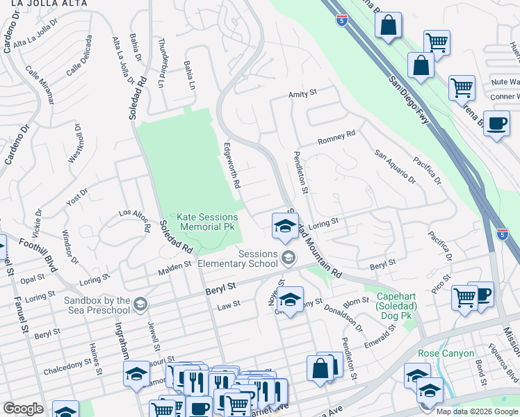 map of restaurants, bars, coffee shops, grocery stores, and more near 2138 Balfour Court in San Diego