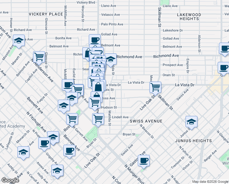map of restaurants, bars, coffee shops, grocery stores, and more near 5800 La Vista Drive in Dallas