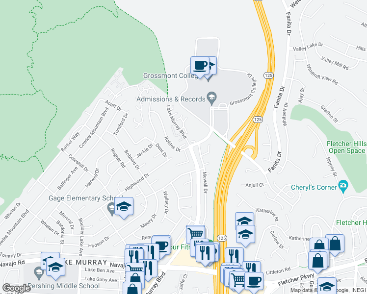 map of restaurants, bars, coffee shops, grocery stores, and more near 8615 Robles Drive in San Diego