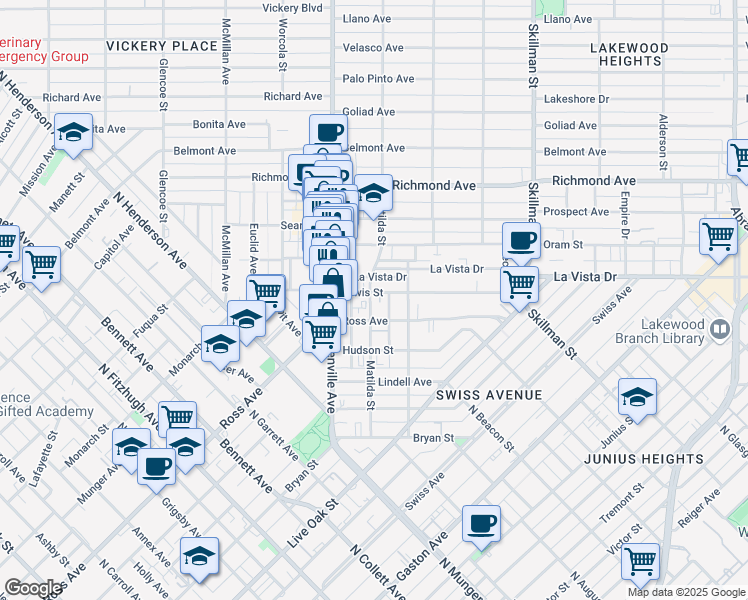 map of restaurants, bars, coffee shops, grocery stores, and more near 1720 Matilda Street in Dallas