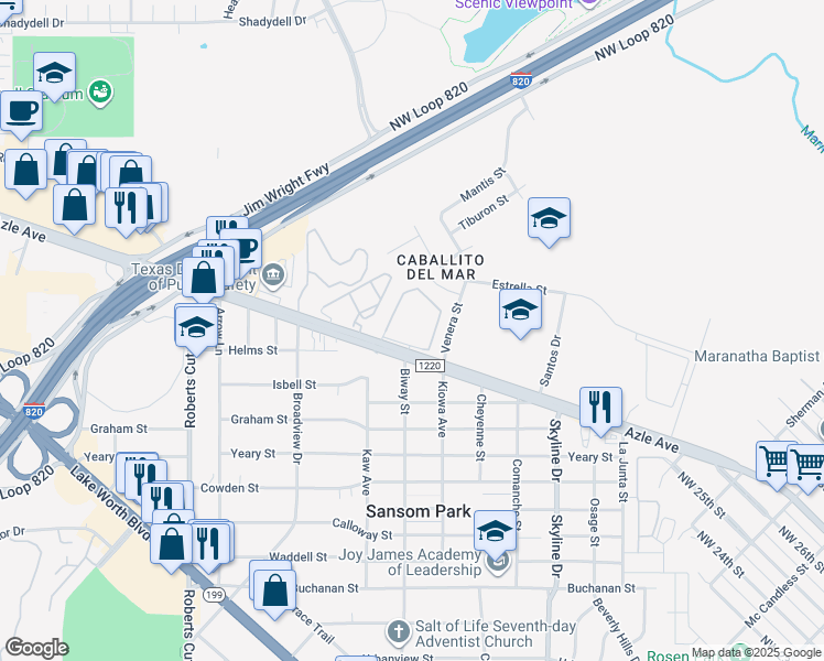 map of restaurants, bars, coffee shops, grocery stores, and more near 5640 Azle Avenue in Fort Worth
