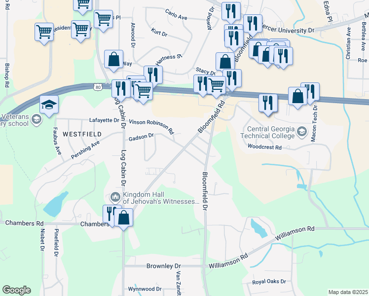 map of restaurants, bars, coffee shops, grocery stores, and more near 4375 Bloomfield Road in Macon