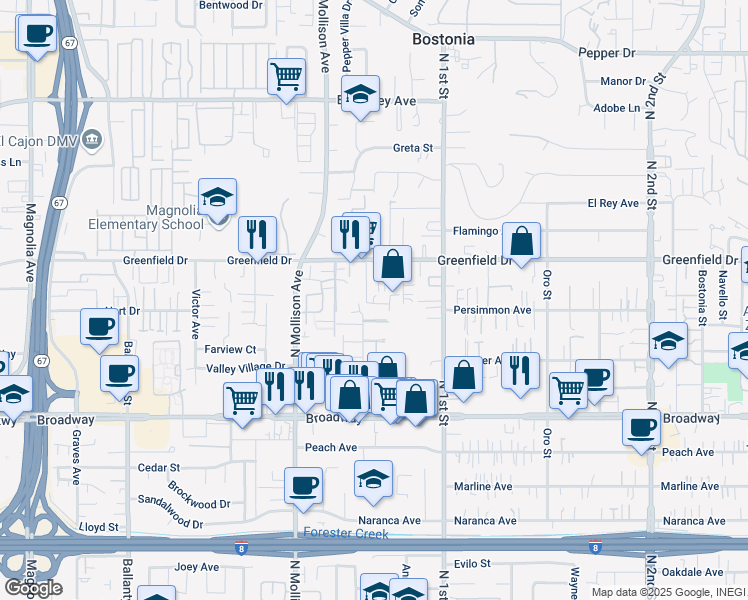 map of restaurants, bars, coffee shops, grocery stores, and more near 1253 Lyons Lane in El Cajon