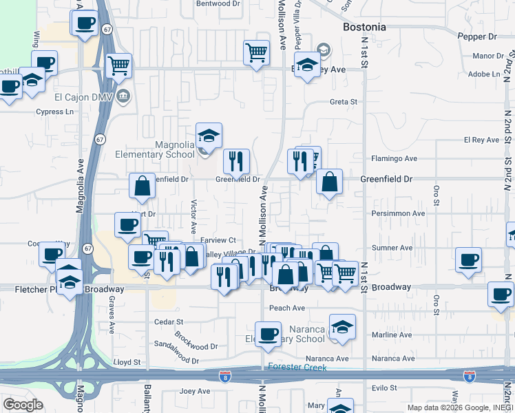 map of restaurants, bars, coffee shops, grocery stores, and more near 1284 North Mollison Avenue in El Cajon