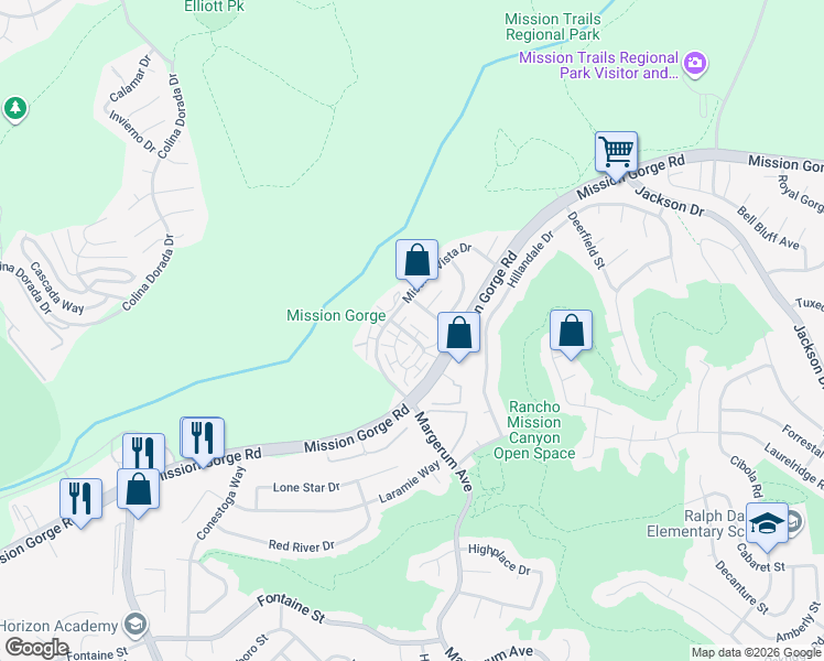 map of restaurants, bars, coffee shops, grocery stores, and more near 3664 Mission Montana Drive in San Diego