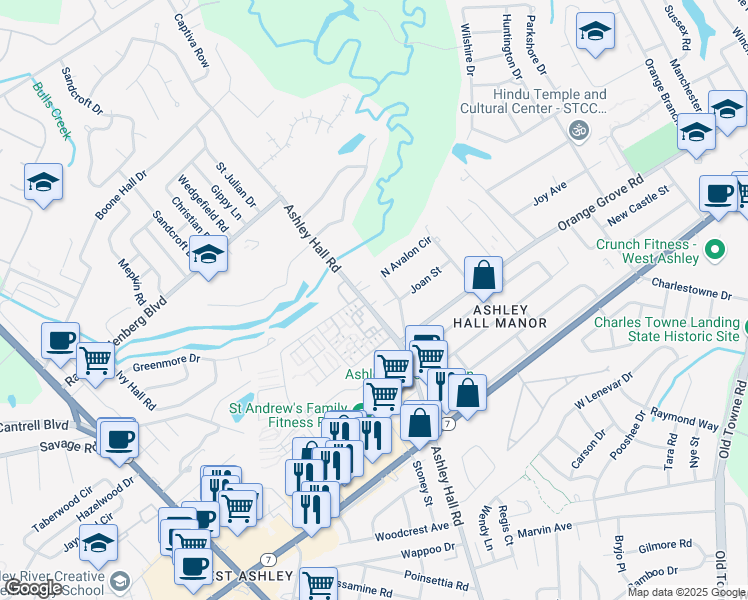 map of restaurants, bars, coffee shops, grocery stores, and more near 1739 West Avalon Circle in Charleston