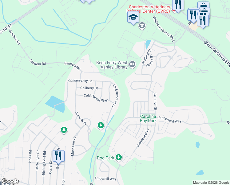 map of restaurants, bars, coffee shops, grocery stores, and more near 3229 Conservancy Lane in Charleston