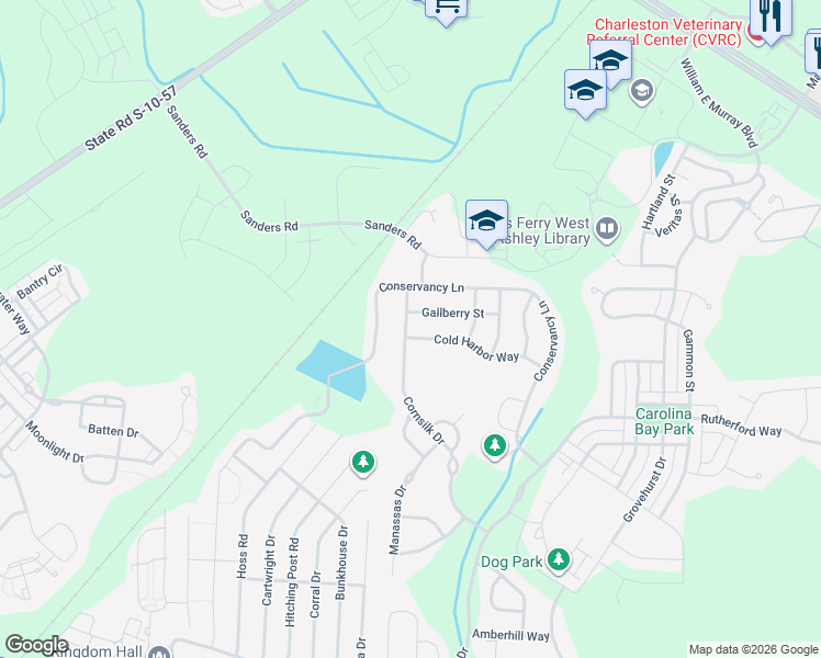 map of restaurants, bars, coffee shops, grocery stores, and more near 3055 Conservancy Lane in Charleston