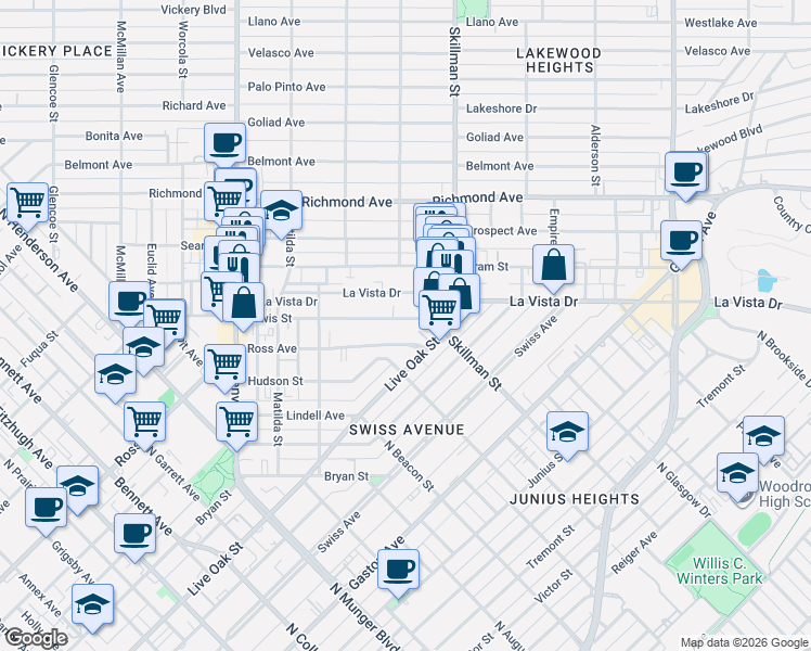 map of restaurants, bars, coffee shops, grocery stores, and more near 6013 Lewis Street in Dallas