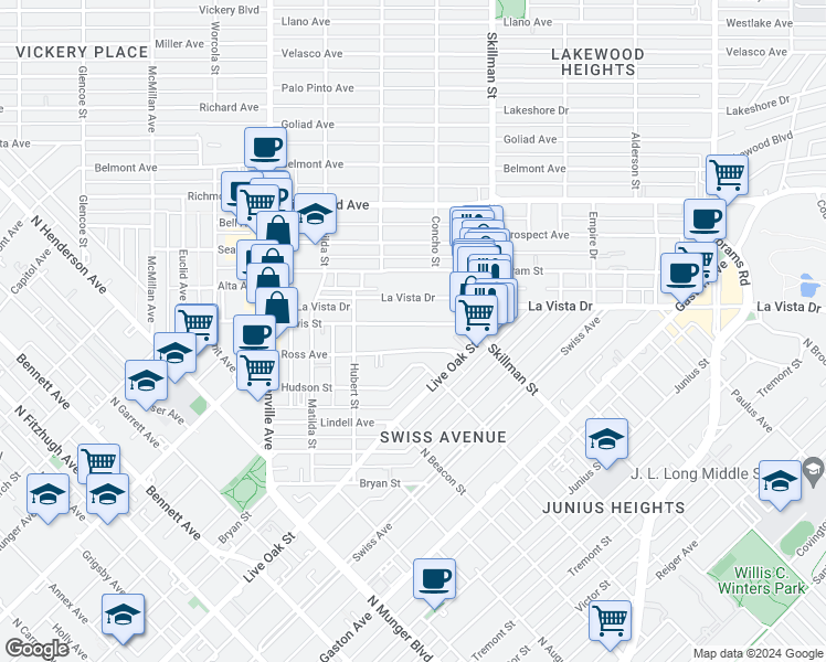 map of restaurants, bars, coffee shops, grocery stores, and more near 5945 Lewis Street in Dallas
