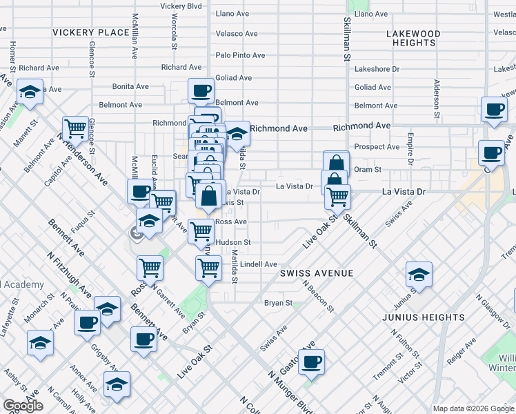 map of restaurants, bars, coffee shops, grocery stores, and more near 5905 Lewis Street in Dallas