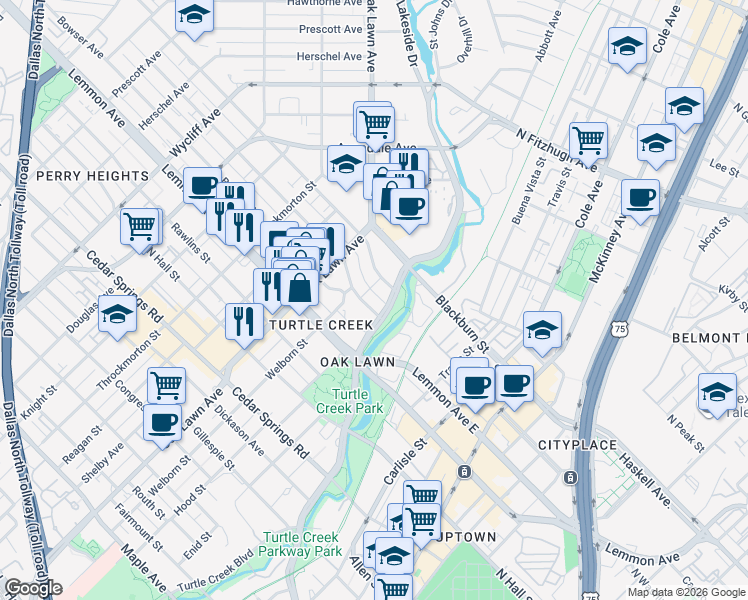 map of restaurants, bars, coffee shops, grocery stores, and more near 3702 Holland Avenue in Dallas