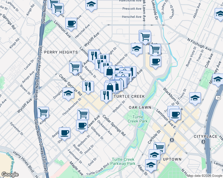 map of restaurants, bars, coffee shops, grocery stores, and more near 3827 Lemmon Avenue in Dallas