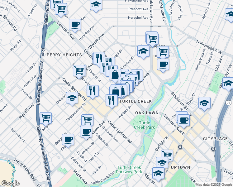 map of restaurants, bars, coffee shops, grocery stores, and more near 3827 Lemmon Avenue in Dallas