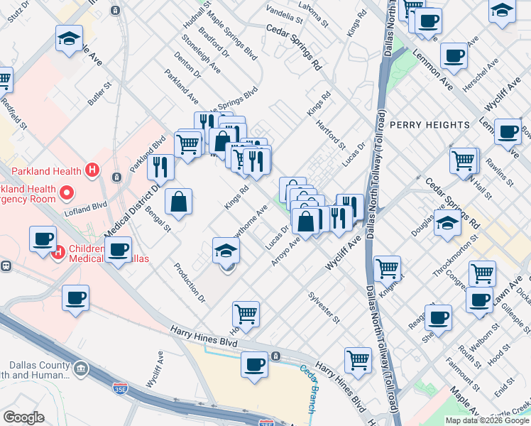map of restaurants, bars, coffee shops, grocery stores, and more near 4614 Lake Avenue in Dallas