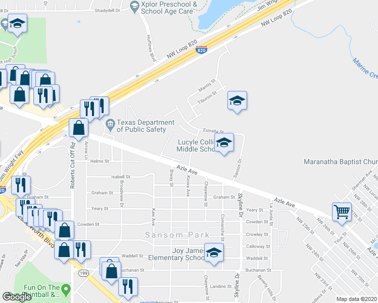 map of restaurants, bars, coffee shops, grocery stores, and more near 5640 Azle Avenue in Fort Worth