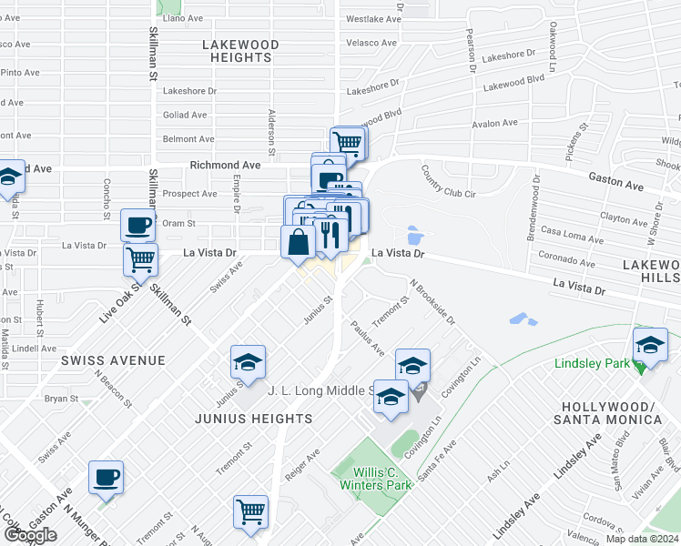 map of restaurants, bars, coffee shops, grocery stores, and more near 1932 Abrams Pkwy in Dallas