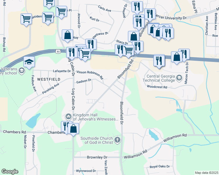 map of restaurants, bars, coffee shops, grocery stores, and more near 4375 Bloomfield Road in Macon