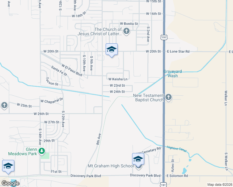 map of restaurants, bars, coffee shops, grocery stores, and more near 601 West 23rd Street in Safford