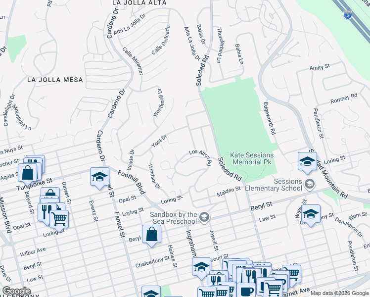 map of restaurants, bars, coffee shops, grocery stores, and more near 1669 Los Altos Road in San Diego