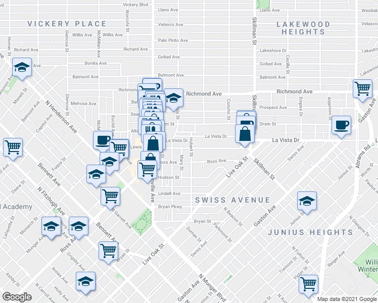 map of restaurants, bars, coffee shops, grocery stores, and more near 5905 Lewis Street in Dallas