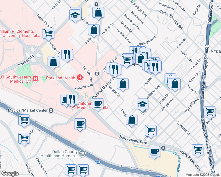 map of restaurants, bars, coffee shops, grocery stores, and more near 2140 Medical District Drive in Dallas