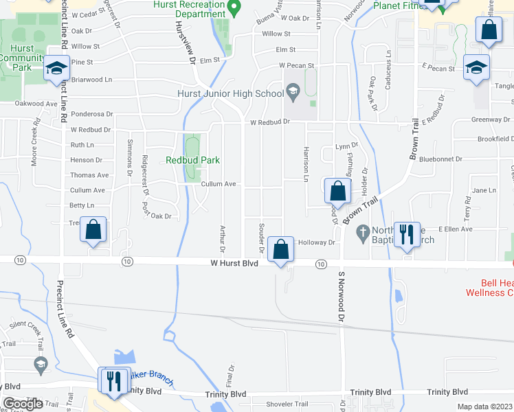 map of restaurants, bars, coffee shops, grocery stores, and more near 209 Souder Drive in Hurst