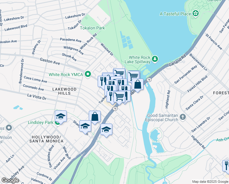 map of restaurants, bars, coffee shops, grocery stores, and more near 7305 Gaston Avenue in Dallas