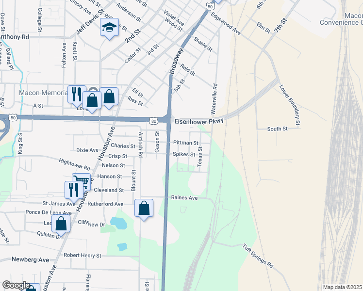 map of restaurants, bars, coffee shops, grocery stores, and more near 2637 Toombs Street in Macon