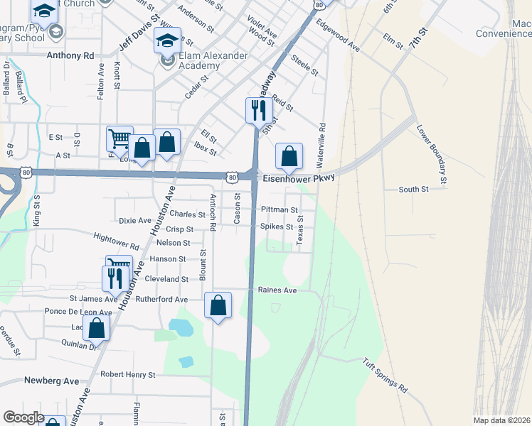 map of restaurants, bars, coffee shops, grocery stores, and more near 385 Pittman Street in Macon