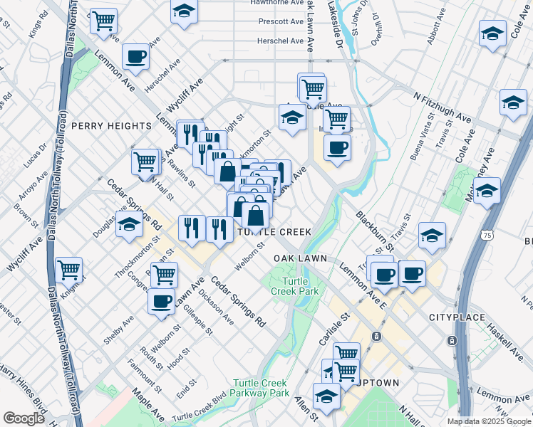 map of restaurants, bars, coffee shops, grocery stores, and more near 3509 Oak Lawn Avenue in Dallas