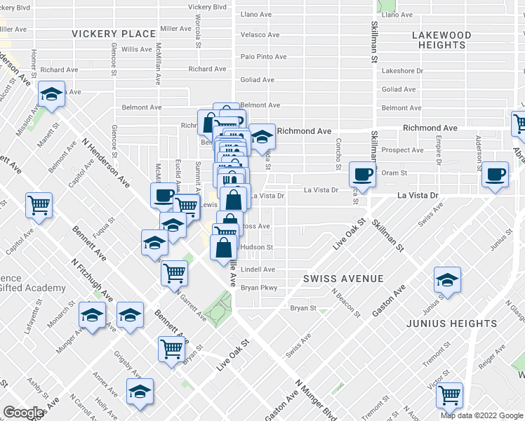 map of restaurants, bars, coffee shops, grocery stores, and more near 1722 Matilda Street in Dallas