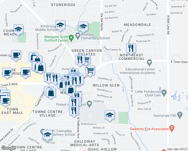 map of restaurants, bars, coffee shops, grocery stores, and more near 3401 Willowglen Drive in Mesquite